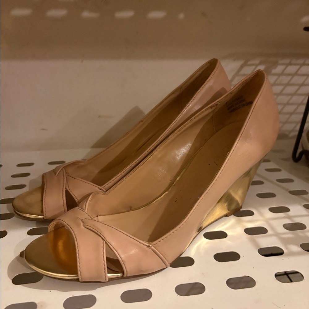 Peep Toe Wedge Heels in Nude and Gold